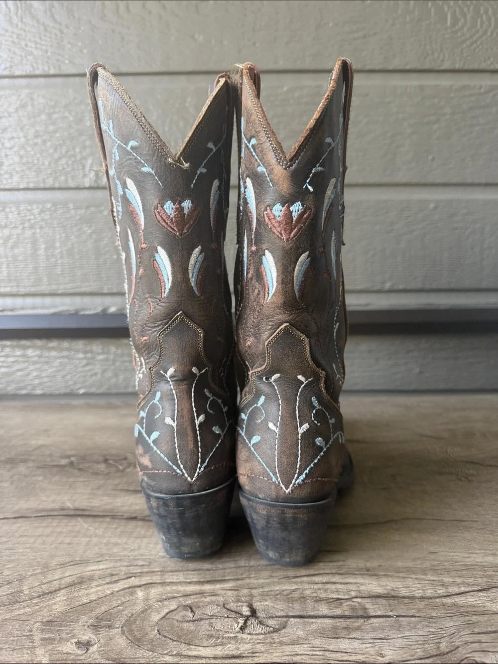 Dan Post Brown Leather Western Cowgirl Boots Blue Coral Embroidery size 6.5 B